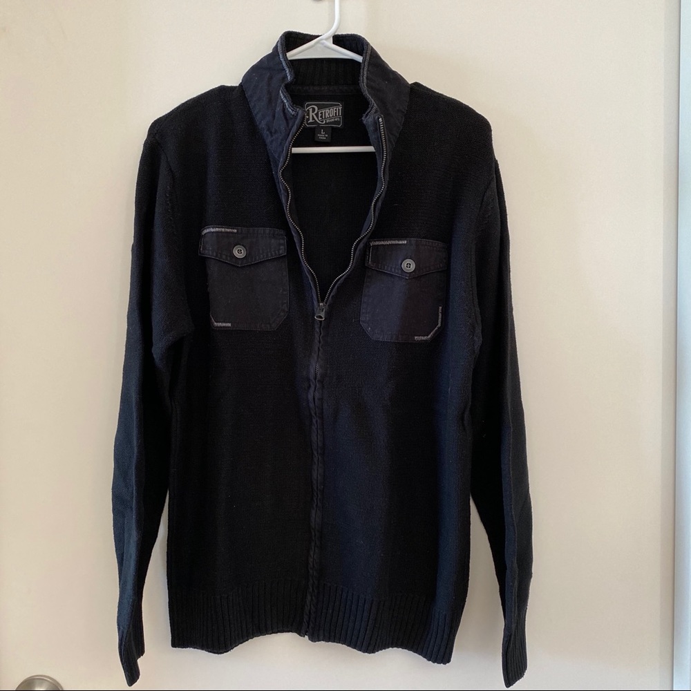 Retrofit black thick knit zip up sweater